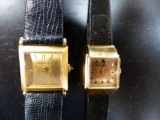 TWO LADIES BOUCHERON SQUARE DIAL WRISTWATCHES ON BLACK LEATHER STRAPS