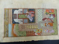 AN INDO PERSIAN MINIATURE PAINTING OF COURTLY FIGURES IN INTERIOR AND GARDEN SETTINGS, CALLIGRAPHY