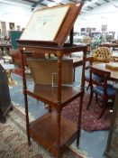 A MAHOGANY THREE TIER WHAT NOT WITH RISING READING SLOPE AND DRAWER TO BASE.