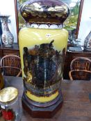 A VERY LARGE 19TH CENTURY GILT DECORATED APOTHECARY JAR AND COVER, ELABORATE FIGURAL CREST INSCRIBED