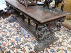 A CONTINENTAL CARVED WALNUT ITALIAN BAROQUE STYLE CENTRE TABLE WITH TWO APRON DRAWERS, END