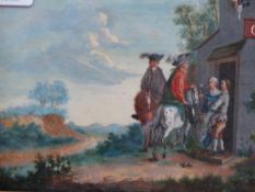 AN 18TH.C.CONTINENTAL SCHOOL MINIATURE OF FIGURES OUTSIDE A TAVERN, SIGNED AND INSCRIBED