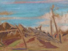 ATT. WILLIAM ROTHENSTEIN, A WORLD WAR I BATLEFIELD, OIL ON CANVAS, LANDSCAPE SKETCH VERSO.