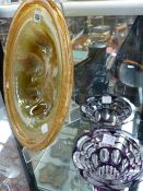 A CONTEMPORARY ITALIAN ART GLASS BOWL WITH MOULDED RIM AND FLUTED SIDES.D.32cms TOGETHER WITH A PAIR