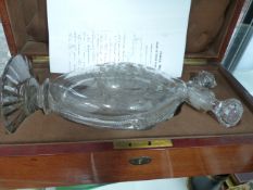 AN UNUSUAL 19TH CENTURY CUT AND ETCHED GLASS TWIN NECK DECANTER, REPUTEDLY BELONGING TO SIR WALTER