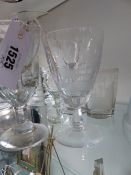 FIVE ANTIQUE GLASSES, SOME WITH ETCHED DECORATION TO INCLUDE A SPIRAL TWIST WINE GLASS, A TWIN