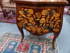 A DUTCH FLORAL MARQUETRY TWO DRAWER BOMBE COMMODE.