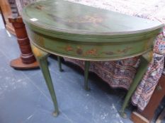 A CHINOISERIE DECORATED DEMI LUME FOLD OVER CARD TABLE.