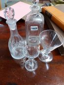 VARIOUS 18TH CENTURY AND LATER GLASSWARE TO INCLUDE TWO WINE GLASSES AND TWO DECANTERS.