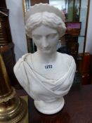 19TH.C.ENGLISH SCHOOL. BUST OF A CLASSICAL MAIDEN INCISED AND DATED ON REVERSE, WHITE MARBLE. H.