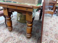 AN EARLY 20TH.C.MAHOGANY SNOOKER/DINING TABLE COMPLETE WITH CUES AND BALLS.