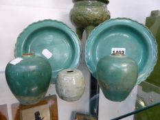 VARIOUS ORIENTAL CELADON WARES, A TRIFID CENSER, A PAIR OF SAUCER DISHES AND SMALL JARS