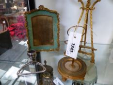 AN ORMOLU MOUNTED SHAGREEN EASEL BACK PHOTO FRAME, A FRENCH EMPIRE ORMOLU AND MARBLE RING STAND, A