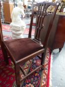 A SET OF SIX GEO.III.MAHOGANY DINING CHAIRS WITH GOTHIC FORM PIERCED BACKS.
