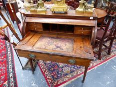 A GEO.III.MAHOGANY AND SATINWOOD BANDED CYLINDER TOP WRITING DESK ON SQUARE TAPER LEGS WITH BRASS