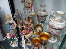 A COLLECTION OF VARIOUS CONTINENTAL FIGURES, VASES AND CABINET CUPS TO INCLUDE A PAIR OF CAPO DI