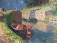 ARTHUR J BLACK (ENG.1855-1936) A LOCK ON THE CANAL, SIGNED OIL ON CANVAS. 79x94cms.