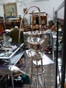 A SILVER PLATE TEAPOT ON A TALL BURNER STAND WITH COVERED DISH TO UNDERTIER BY WALKER & HALL,