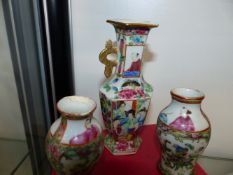 VARIOUS ORIENTAL BLUE AND WHITE WARES, CANTONESE VASES AND A FAMILLE ROSE GINGER JAR