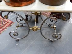 A 19TH.C.FRENCH POLISHED BRASS AND WROUGHT IRON MARBLE TOP BAKER'S TABLE. W.103cms. D.55cms