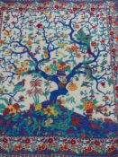 AN INDIAN PRINTED BED COVER WITH TREE OF LIFE "YGSADRIL" AND BIRD DECORATION.