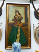 A PORTRAIT OF A PERSIAN FEMALE MUSICIAN HOLDING A DRUM. OIL ON CANVAS, 121 x 60cms