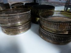 TWO PAIRS OF REGENCY PAPIER MACHE COASTERS, VARIOUS SILVER PLATE COASTERS, ETC