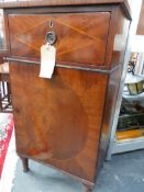 A 19TH.C.MAHOGANY INLAID PEDESTAL SIDE CABINET WITH DEEP DRAWER OVER PANEL DOOR.