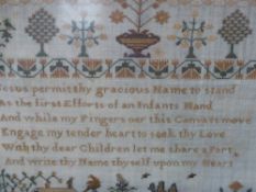A FINELY WORKED NEEDLEPOINT SAMPLER BY MARY STANLEY, 1824 ROWS OF FLOWERS, BIRDS AND FIGURES.
