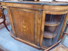 A VICTORIAN WALNUT AND BOXWOOD INLAID CREDENZA WITH GLAZED BOW SIDES.