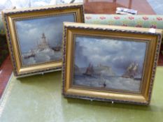 T.JORDAN (ENGLISH 19TH.C. SCHOOL) TWO SHIPPING SCENES SIGNED VERSO, OIL ON BOARD. 17x23cms.