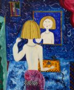 Dora Holzhandler (1928-2015) (ARR), Nude combing her hair at a mirror, signed and dated 1974, oil,