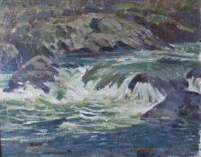 Frederic Whiting (1874-1922), Waves breaking over rocks by a shoreline, signed, oil on canvas, 39.