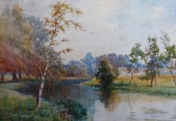 Robert Scott-Temple (fl.1874-1905), River landscape with house beyond, signed, watercolour, 24.5 x