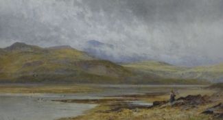 John Surtees (1819-1915), Fisher woman with net in an extensive highland and coastal landscape,