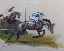 John Board (1895-1965) (ARR), Two views of a steeplechase, signed, watercolour and ink, a pair, 19.5