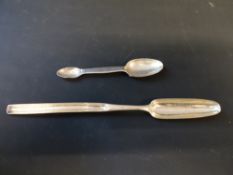 A Victorian silver medicine spoon, London 1872 maker George Angel together with a George III