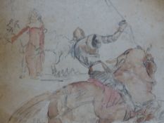 English School (20th Century), Knight on horseback, pencil and watercolour, 17 x 25cm (unframed),