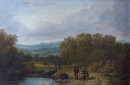 English School (19th Century), Travellers on a lane in an extensive landscape, oil on panel, 24.5