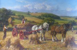 Frederick J. Haycock (b.1948) (ARR), Shire horses and harvesters in a summer landscape, signed,