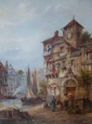 F.A. Rezin (late 19th/early 20th Century), Continental townscape with figures and boat, signed and