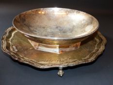 A silver salver on three scrolled feet. Sheffield 1959. 27ozs together with a Swedish 900 standard