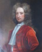 Circle of Jonathan Richardson (1665-1745) Half length portrait of a gentleman in red velvet coat and