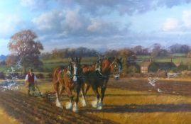 Frederick J. Haycock (b.1948) (ARR), Bay shire horses ploughing in autumn and companion of a bay and