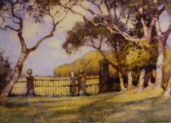 Albert Moulton Foweraker (1873-1942), Woman looking over a country estate, signed, watercolour, 20 x