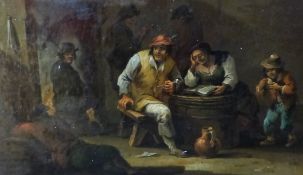 Manner of David Teniers the Younger, Figures in a tavern interior, oil on panel, 26 x 34.5cm. Wax