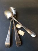 Three George III silver table spoons with feathered edges. Dated Exeter 1781 maker possibly Thomas