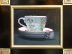 Jacqueline Taber (b.1946) (ARR), Still life of teacup and feather, oil on board, 19 x 24cm.