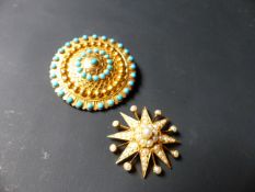 A late 19th Century yellow precious metal circular brooch set turquoise, locket aperture set hair to