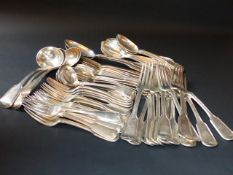 A Victorian silver part flatware service, fiddle and thread pattern comprising thirteen table forks,